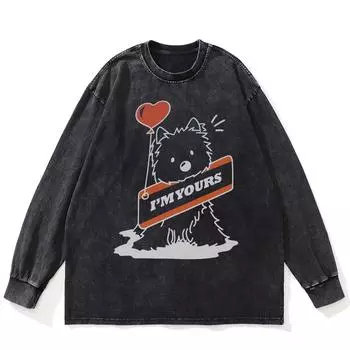 Футболка уличная с рисунком забавного медведя, черная, стираная, хлопковая, унисекс, большие размеры, с длинными рукавами S чёрный