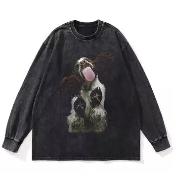 Футболка уличная с рисунком забавной собаки, черная, стираная, хлопковая, унисекс, большие размеры, с длинными рукавами S чёрный
