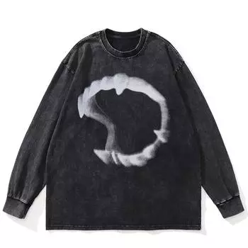 Футболка уличная с рисунком «Зубы зомби» черного цвета, хлопковая, унисекс, большие размеры, длинные рукава S чёрный