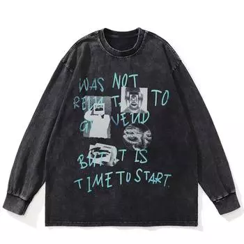 Футболка уличная, с забавным графическим принтом, черная, стираная, хлопковая, унисекс, большие размеры, с длинными рукавами S чёрный