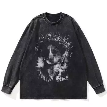 Футболка уличная стираная черная хлопковая унисекс большого размера с длинными рукавами S чёрный