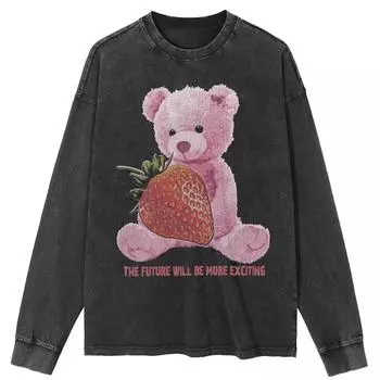 Футболка уличная Strawberry Bear Graphic Washed Black, хлопковая, унисекс, топы, футболки, футболка больших размеров с длинными рукавами S чёрный