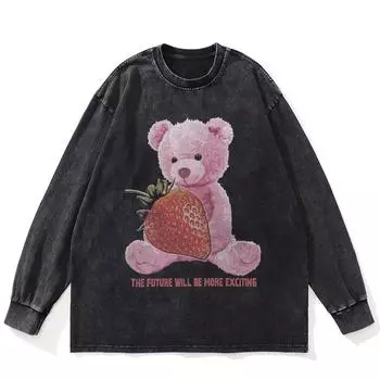 Футболка уличная Strawberry Bear Graphic Washed Black Футболка унисекс из хлопка большого размера с длинными рукавами S чёрный