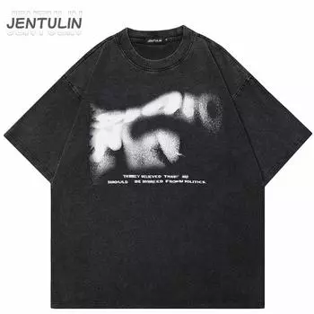 Футболка уличная свободного покроя для мужчин, винтажная футболка с размытыми буквами, черная футболка из хлопка, готические топы, футболки S