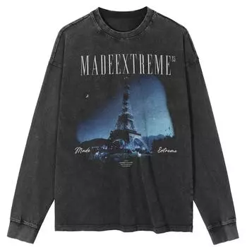 Футболка уличная Tower Graphic Washed Black, хлопковая, унисекс, топы, футболки, большие размеры, длинная футболка S чёрный