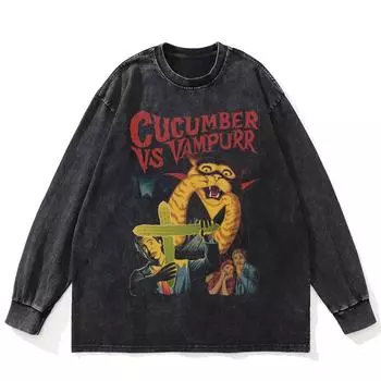 Футболка уличная Vampurr Graphic Washed Black, хлопковая, унисекс, большие размеры, длинные рукава, футболка S чёрный