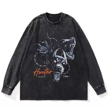 Футболка уличная Vicious Dogs Graphic Washed Black, хлопковая, унисекс, большие размеры, длинные рукава, футболка S чёрный
