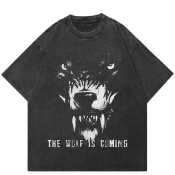 Футболка уличная Wolf Vintage Washed Black, хлопок Y2K, унисекс, свободный крой, топы, футболки S чёрный
