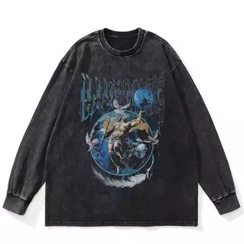 Футболка уличная Zeus Graphic Washed Black, хлопковая, унисекс, большие размеры, длинные рукава, футболка S чёрный