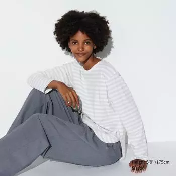 Футболка UNIQLO из мягкого хлопка в полоску с закругленным краем (длинный рукав)