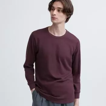Футболка UNIQLO JAPAN Heat Tech из хлопка с вафельным вырезом и круглым вырезом, очень теплая, с 3 и 4 рукавами 01 OFF WHITE/M