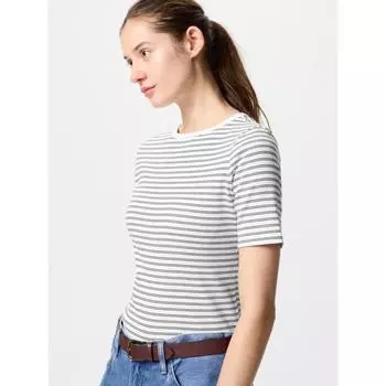 Футболка Uniqlo с ребристым вырезом, часть 5, полоска 01 OFF WHITE/WOMEN XS