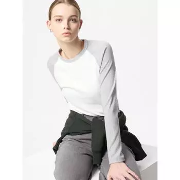 Футболка Uniqlo SofT Lip Crewneck с длинным рукавом Color Block 02 LIGHT GRAY/WOMEN S