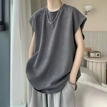 Футболка унисекс без рукавов, мужская летняя замшевая футболка, жилет, винтажная футболка большого размера в американском стиле High Street M белый