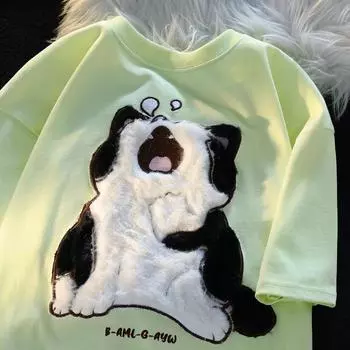 Футболка унисекс большого размера с японским ретро-кошкой - нишевый дизайн, модная одежда с коротким рукавом для пар Extra Large зелёный