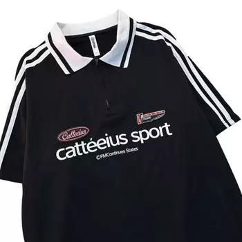 Футболка унисекс для мужчин и женщин с полосатым принтом и надписью, с лацканами, с коротким рукавом, повседневная свободная футболка для спортзала, уличная одежда M чёрный