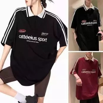 Футболка унисекс для мужчин и женщин с полосатым принтом и надписью, с лацканами, с коротким рукавом, повседневная свободная футболка для спортзала, уличная одежда M чёрный