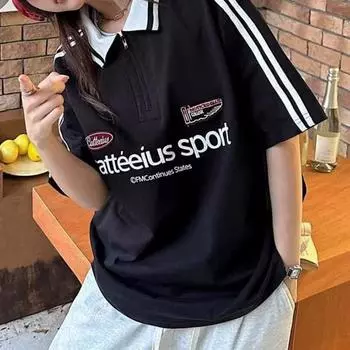 Футболка унисекс для мужчин и женщин с полосатым принтом и надписью, с лацканами, с коротким рукавом, повседневная свободная футболка для спортзала, уличная одежда M чёрный