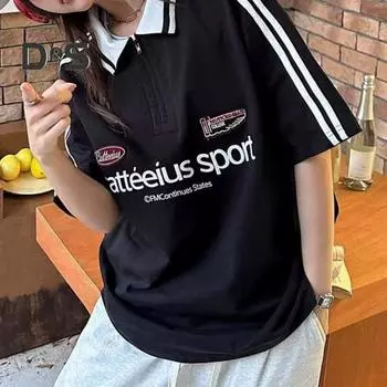 Футболка унисекс для мужчин и женщин с полосатым принтом и надписью, с лацканами, с коротким рукавом, повседневная свободная футболка для спортзала, уличная одежда M чёрный