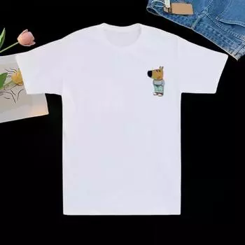 Футболка унисекс летняя с рисунком мультфильма Chill Guy Graphic свободная круглая горловина короткий рукав пуловер топ повседневная школьная спортивная одежда M белый