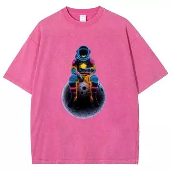 Футболка унисекс с эффектом стирки, крутые футболки с астронавтом, мужские, женские, футболки с коротким рукавом, хлопковая футболка оверсайз S