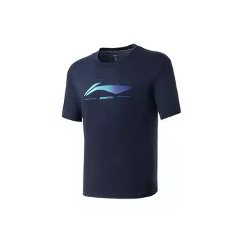 Футболка унисекс с коротким рукавом и заниженной линией плеч Li Ning Badminton Series с логотипом и принтом, быстросохнущая, чернильно-синяя AHSU469-5 S