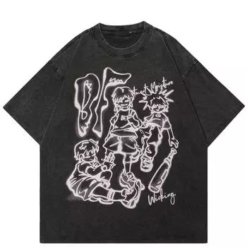 Футболка унисекс с мультяшным рисунком Harajuku 2024 Streetwear S чёрный