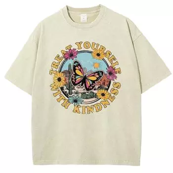 Футболка унисекс с принтом в виде бабочки и букв, свободный покрой, эластичный деним, короткий рукав, повседневный топ в стиле ретро для женщин S