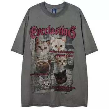 Футболка унисекс с принтом в виде симпатичных котиков, футболка свободного покроя из хлопка с короткими рукавами S серый