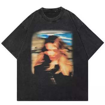 Футболка унисекс с размытым рисунком для девочек 2024 Streetwear S чёрный