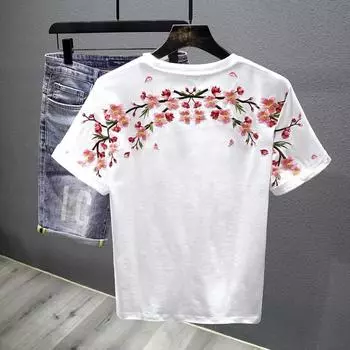Футболка унисекс с вышивкой «Цветок сливы» весна/лето 2024 года — короткий рукав M белый