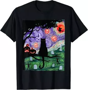 Футболка унисекс Scary Night Cat Cat, черная футболка с рисунком тыквы на Хэллоуин S
