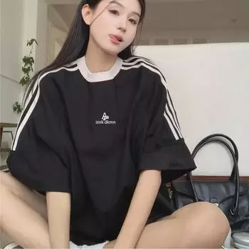 Футболка унисекс в полоску в стиле ретро с короткими рукавами — свободный крой, круглый вырез, идеально подходит для весны и лета XXL чёрный