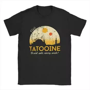 Футболка Visit Tatooine для мужчин, винтажная футболка из чистого хлопка, футболка с круглым вырезом, топы с коротким рукавом, уникальные S чёрный