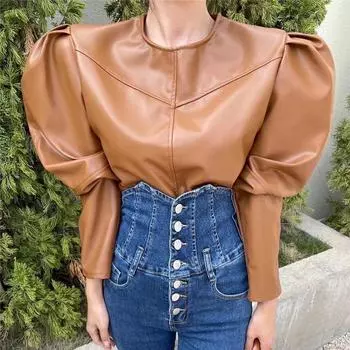 Футболка Vrouwen Effen Kleur Bladerdeeg Mouw из искусственной кожи Tuniek Mode Tij Топы 2021 Зима чёрный