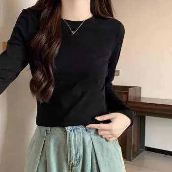 Футболка в американском ретро-стиле с длинными рукавами и открытыми плечами для женщин, однотонная, с круглым вырезом, базовая, облегающая верхняя часть рубашки S