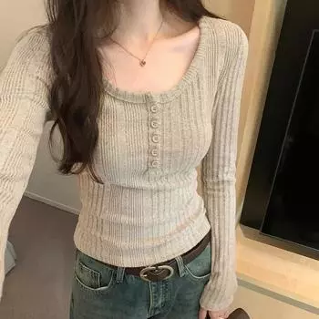 Футболка в американском ретро-стиле с U-образным вырезом и длинными рукавами для женщин на осень и зиму, новый короткий универсальный трикотажный топ в полоску S