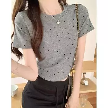 Футболка в американском стиле в стиле ретро, белая, с круглым вырезом, в горошек, с короткими рукавами для женщин, повседневная, универсальная, облегающая, милая, короткий топ для лета S