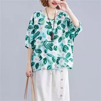 Футболка в этническом стиле для женщин. Футболка с принтом в китайском стиле. Свободный крой. Рукава длиной семь четвертей. Весна-лето. Хлопковая льняная рубашка. Футболки для женщин. M