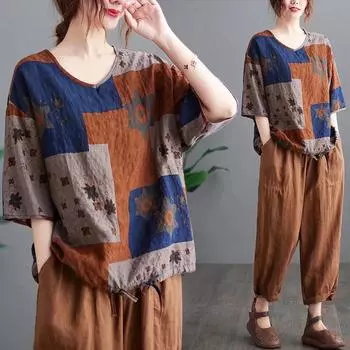 Футболка в этническом стиле с V-образным вырезом контрастного цвета, женская одежда для мам, летний легкий свободный топ с короткими рукавами XXXL красный