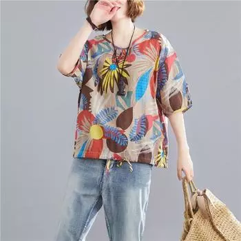 Футболка в этническом стиле весна-лето, женская рубашка с принтом в китайском стиле, свободный топ с рукавами семь четвертей, хлопок, лен, большой размер, маленькая рубашка M