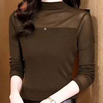 Футболка в европейском стиле для женщин на осень и зиму, сексуальный сетчатый топ с перспективным плетением, облегающий внутренний слой, футболка с длинными рукавами S