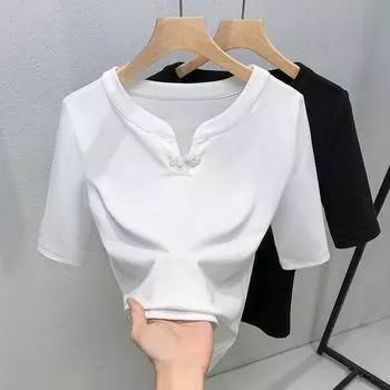 Футболка в китайском стиле с рукавами пятью точками для женщин, новая женская хлопковая футболка с короткими рукавами и складками спереди на плечах, темпераментный топ с V-образным вырезом и поясом S чёрный