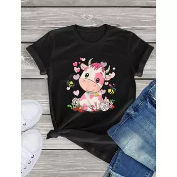 Футболка в милом стиле с мультяшным принтом, футболки с короткими рукавами, одежда с принтом коровы, футболки, праздничная одежда для выходных, модная одежда 2024 года S