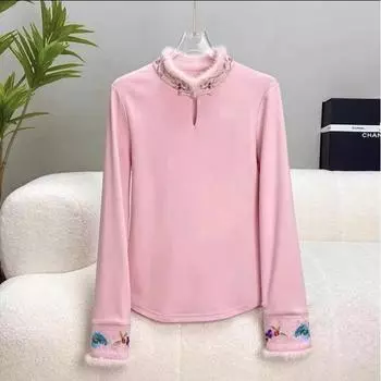 Футболка в национальном стиле с вышивкой на осень и зиму, модная плюшевая футболка с воротником сверху XXXXL белый