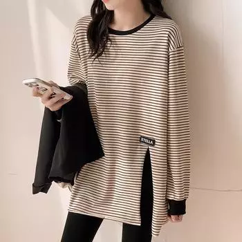 Футболка в полоску из чистого хлопка Harajuku с длинным рукавом для женщин Y2k Aesthetic Tops casual oversize с боковыми разрезами черного цвета в уличном стиле M