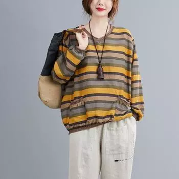 Футболка в полоску из хлопка и льна в стиле ретро, свободный трикотажный топ с V-образным вырезом и длинными рукавами, повседневный женский свитер в стиле Харадзюку, осень one size