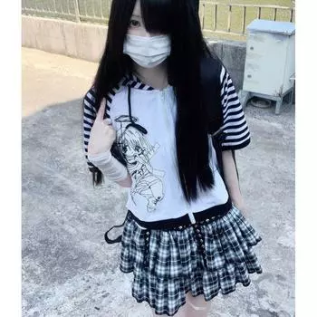 Футболка в полоску Kawaii Patchwork для женщин, японская мода, Harajuku, милый мультяшный принт, свободная футболка с капюшоном на молнии, топы S белый