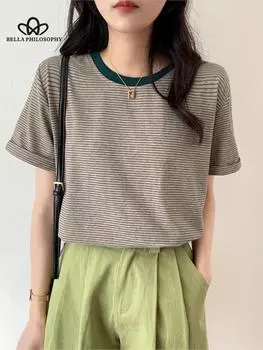 Футболка в полоску с круглым вырезом, свободная женская футболка с короткими рукавами, летний топ с половиной рукавов соответствующего цвета S зелёный