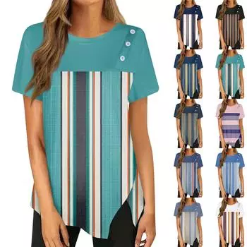 Футболка в полоску с пуговицами и пышным подолом, повседневный топ с круглым вырезом с короткими рукавами, женская одежда XS чёрный